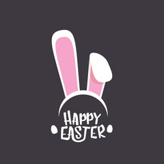 Vector happy easter greeting card with white easter bunny funky mask with rabbit ears and easter text isolated on grey background.