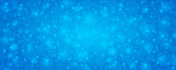 Blue Christmas banner with snowflakes and bokeh. Merry Christmas and Happy New Year greeting banner. Horizontal new year background, headers, posters, cards, website. Vector illustration