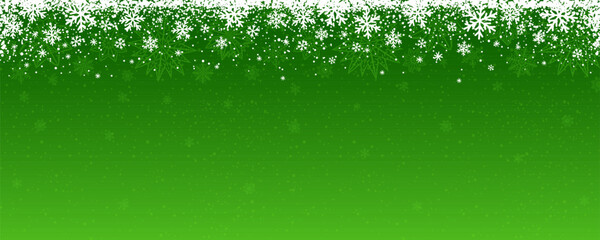 Green Christmas banner with snowflakes and stars. Merry Christmas and Happy New Year greeting banner. Horizontal new year background, headers, posters, cards, website. Vector illustration