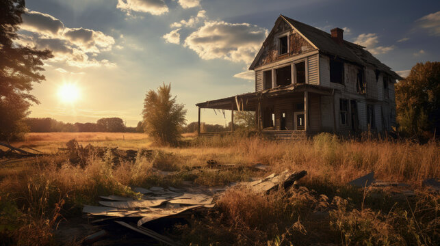 Abandoned damaged old house in a field