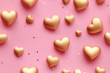 Obraz premium Seamless pattern with hearts, confetti. Applicable for fabric print, textile, wrapping paper, wallpaper. Pink background with shiny golden elements. Repeatable texture. Valentine's Day.