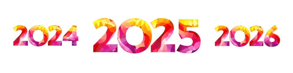 Happy New Year number collection. 2024, 2025, 2026 trendy design. Yellow, purple and red colors. Collection of icons. Isolated template. Abstract texture. Festive idea. Typographic concept.