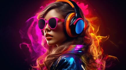 Attractive girl wearing headphones with futuristic neon light background, summer tropical party nightclub vibes