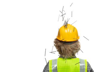 Back view caucasian construction industrial worker wear yellow hard hat safety vast. Hammer nails nuts bolts material supply fall down into head of engineer as accident. White background isolated