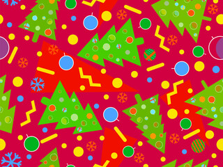 Fototapeta na wymiar Christmas seamless pattern with geometric shapes in 80s Memphis style. Christmas pattern with fir trees, Christmas decorations and geometric shapes for wrappers and banners. Vector illustration