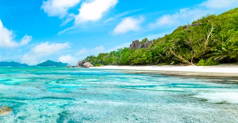 Zelfklevend Fotobehang Anse Source D'Agent, La Digue eiland, Seychellen Coral reef and white sand in Anse Source d'Argent beach