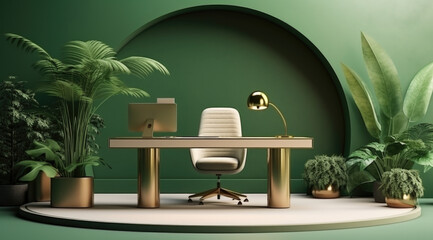 Interior design elegant vibrant green office against arched window and natural greenery