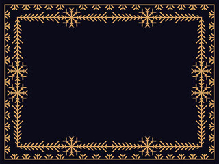 Art deco style frame with snowflakes. Winter vintage linear border with snowflake in line art style. Christmas frame design a template for invitations, leaflets and greeting cards. Vector illustration