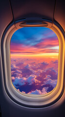 View from airplane window at clouds and sky at sunset. Travel concept.