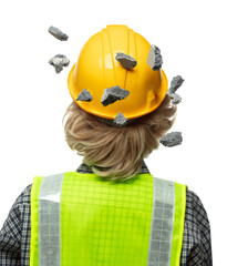 Back view caucasian blonde hair construction industrial worker wear yellow hard hat safety vast. Gravel stone sands supply fall down into head of engineer as accident. White background isolated
