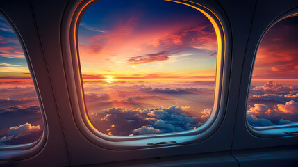 Naklejka premium View from airplane window at clouds and sky at sunset. Travel concept.