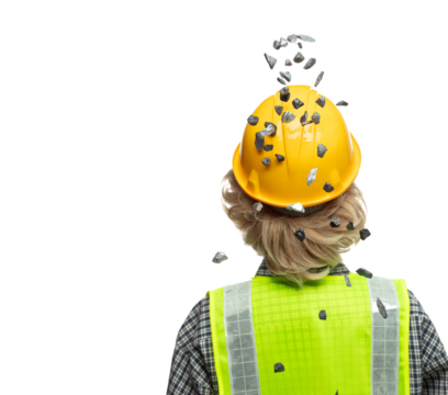 Back view caucasian blonde hair construction industrial worker wear yellow hard hat safety vast. Gravel stone sands supply fall down into head of engineer as accident. White background isolated - Powered by Adobe