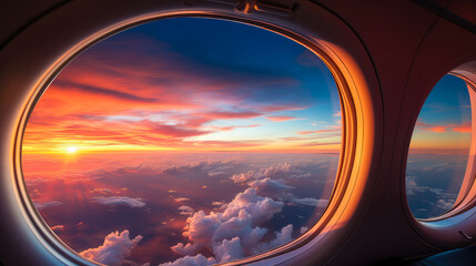 View from airplane window at clouds and sky at sunset. Travel concept.