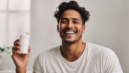 Happy young hispanic man with short hair in white t-short laughing with pride and joy while holding a face product, his newest addition to his skincare routine on a bright solid white background
