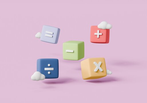 3D Mathematic cloud, Mathematic learning education concept. floating on pink background. basic math operation colorful symbols math, plus, minus, multiplication, number divide. 3d render illustration.