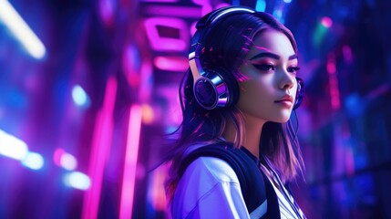Attractive girl wearing headphones with futuristic neon light background, summer tropical party nightclub vibes