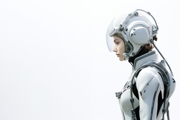 Futuristic science fiction female space explorer wear armor vest, latex suit - obrazy, fototapety, plakaty