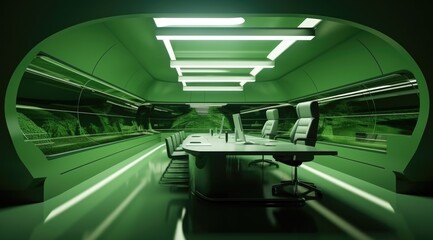 Elegant bright green office interior design with a modern Sci-fi futuristic design