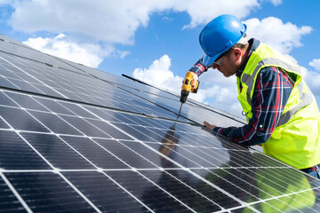 Installation of solar panels on solar panel plant.