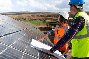 Young engineer inspect installation of solar panels installed check  with blueprint on the field,...