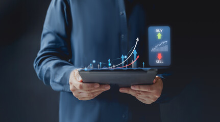 business finance technology and investment concept. Stock Market Investments Funds and Digital Assets. businessman analyzing forex trading graph financial data. Business finance background.