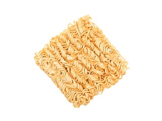 Blocks of dry instant noodles placed isolated on a white background.	