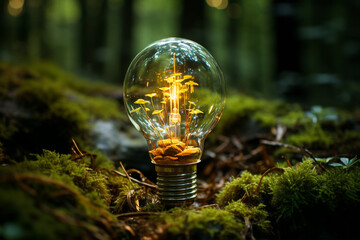 World earth hour, light bulb stands in the forest, turn off lights, save energy, protect nature and...