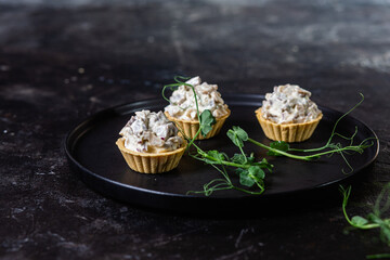 Dough tartlets with pate, mushrooms and salmon - obrazy, fototapety, plakaty