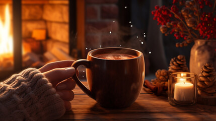 Woman holding in hands a mug of hot chocolate or coffee by the Christmas fireplace. Woman relaxes by warm fire with a cup of hot drink. Winter, Christmas holidays concept
