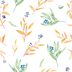 Watercolor drawing of branches with yellow and green leaves and blue berries on a white background. Seamless pattern.