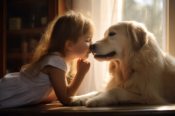 Cute girl playing with dog at home. 