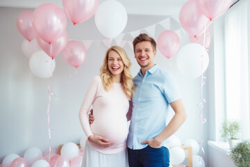 Beautiful young expecting couple surrounded by pink and blue balloons, confetti and streamers as a decorations at a gender reveal or a baby shower party. - obrazy, fototapety, plakaty