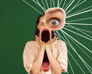 Poster. Contemporary art collage. Shocked woman widely open mouth and screaming of from fright and...