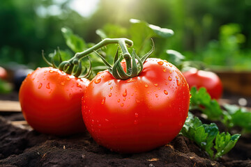 Homegrown red fresh tomato in a garden - obrazy, fototapety, plakaty