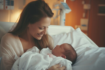 Beautiful young mother holding her newborn in maternity ward after delivery. New mom welcoming her first child into the world. Woman after labor in hospital bed. - obrazy, fototapety, plakaty