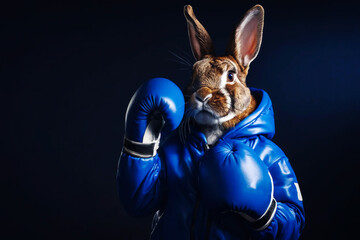 Anthropomorphic rabbit character with blue boxing gloves, generative ai illustration - obrazy, fototapety, plakaty
