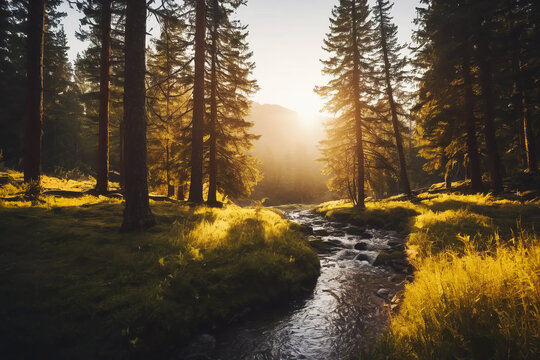 Tranquil peaceful forest landscape with water stream in summer sunset, generated by AI