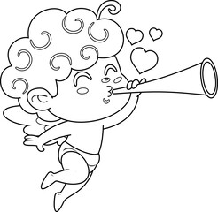Outlined Cute Cupid Angel Cartoon Character Playing Pipe Vector Hand Drawn Illustration Isolated On Transparent Background