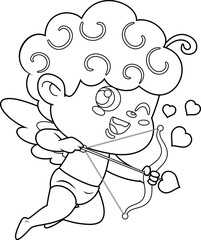 Outlined Cute Cupid Angel Cartoon Character Flying With Bow And Arrow. Vector Hand Drawn Illustration Isolated On Transparent Background