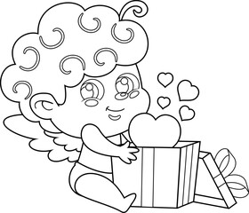 Outlined Cute Cupid Angel Cartoon Character Holding Gift Box With Hearts. Vector Hand Drawn Illustration Isolated On Transparent Background