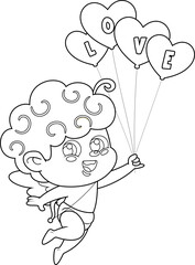 Outlined Cute Cupid Angel Cartoon Character Flying With Heart Balloons And Text Love. Vector Hand Drawn Illustration Isolated On Transparent Background