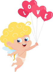 Cute Cupid Angel Cartoon Character Flying With Heart Balloons And Text Love. Vector Illustration Flat Design Isolated On Transparent Background