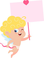 Cute Cupid Angel Cartoon Character Holding Up A Love Blank Sign. Vector Illustration Flat Design Isolated On Transparent Background