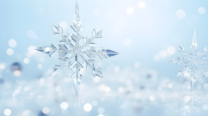 Cristal snowflakes on snow - Christmas and Winter background - Natural snowdrift close up with abstract blue lighting blurred background