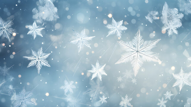 Cristal snowflakes on snow - Christmas and Winter background - Natural snowdrift close up with abstract blue lighting blurred background