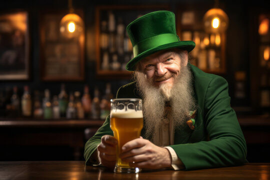 Mischievous Irish leprechaun wearing green suit and green hat having beer at a bar. Celebrating St. Patrick's Day in Ireland.