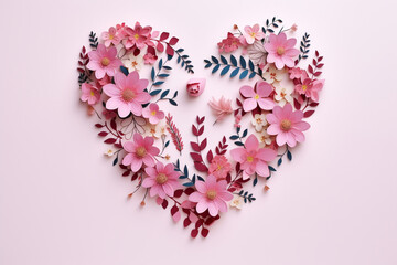 a heart lined with pink openwork flowers and twigs with leaves cut out of paper on a delicate pink background,the concept of a greeting card,invitations for Valentine's day and other holidays - obrazy, fototapety, plakaty