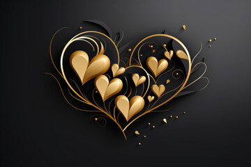 black background with the image of a heart and ornate patterns in 3D style,in gold color,concept...