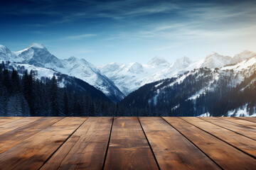 empty wooden table top against the background of blurred mountains covered with snow , product presentation design concept, layout
