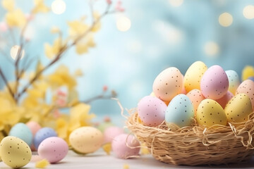 Naklejka na ściany i meble Beautiful pastel Easter eggs in wicker basket on light shining background. Celebrating Easter. Holiday banner. Easter postcard.